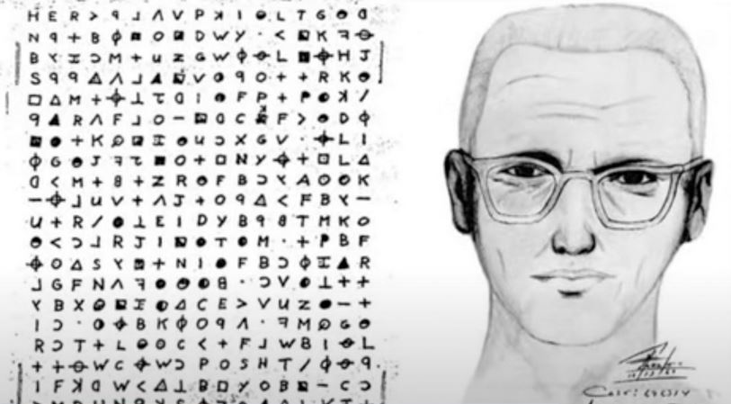 Sketch Of Zodiac Killer Next To His Cipher
